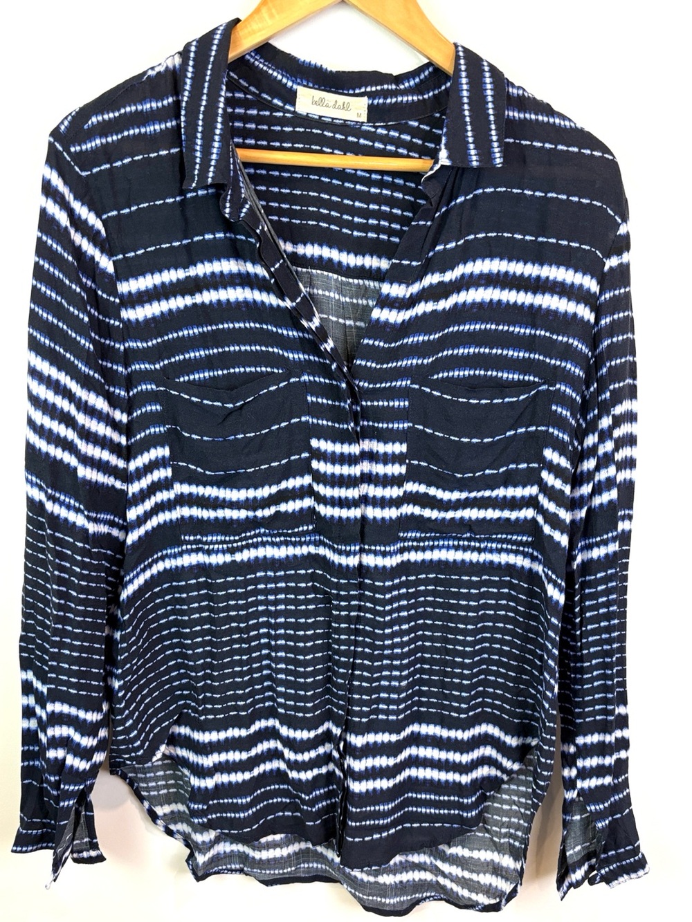Bella Dahl Navy & White Tie-Dye Stripe Button Down Shirt size M